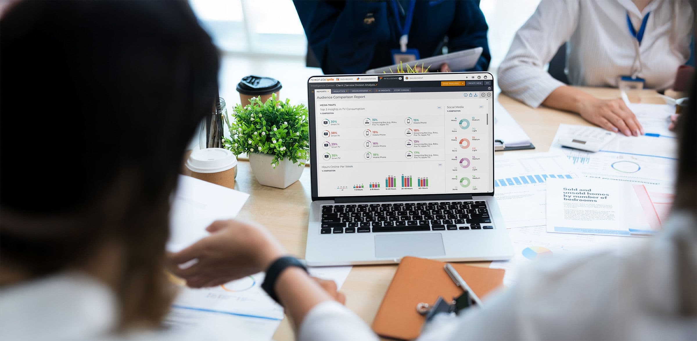 People at a meeting with papers, a laptop displaying a dashboard and a coffee cup.