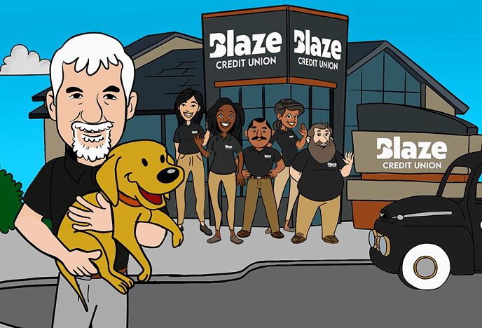 Illustration of a man with a dog with Blaze credit union employees in the background.
